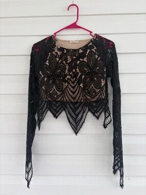 San Joy Black Lace Floral Crop Top Sheer Feminine Going Out Top